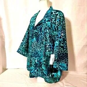 Added Dimensions Womens Top Jacket Colorful Blue & Black Animal Print
